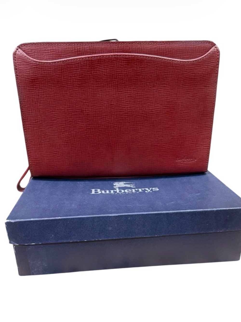 Burberrys Vintage Maroon Leather Interior Zip Clutch with Gold Plaque- Preowned